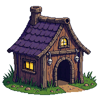 witch hut crooked wooden swamp herbs hanging skulls