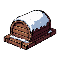 wooden barrel raft  covered in snow