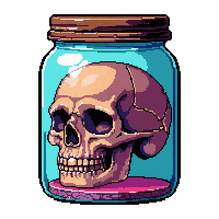 brain in jar  labeled with skull