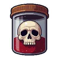 eyeball in jar  labeled with skull