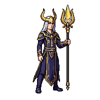 celestial mage holy staff divine robes golden trim standing